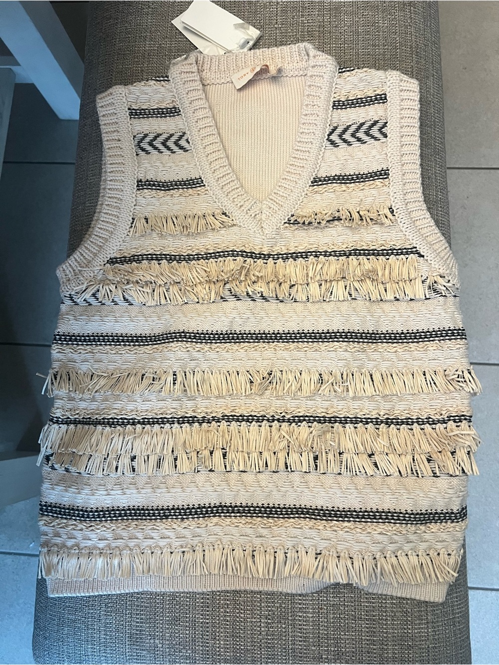Tory Burch Cream Fringe Knit Striped Sweater Vest- Size Small NWT!!!